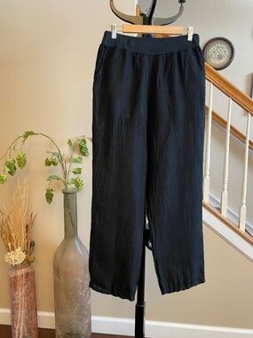 Tempo Paris Women's 100% Soft Linen High Waist Pants in Black Size Small